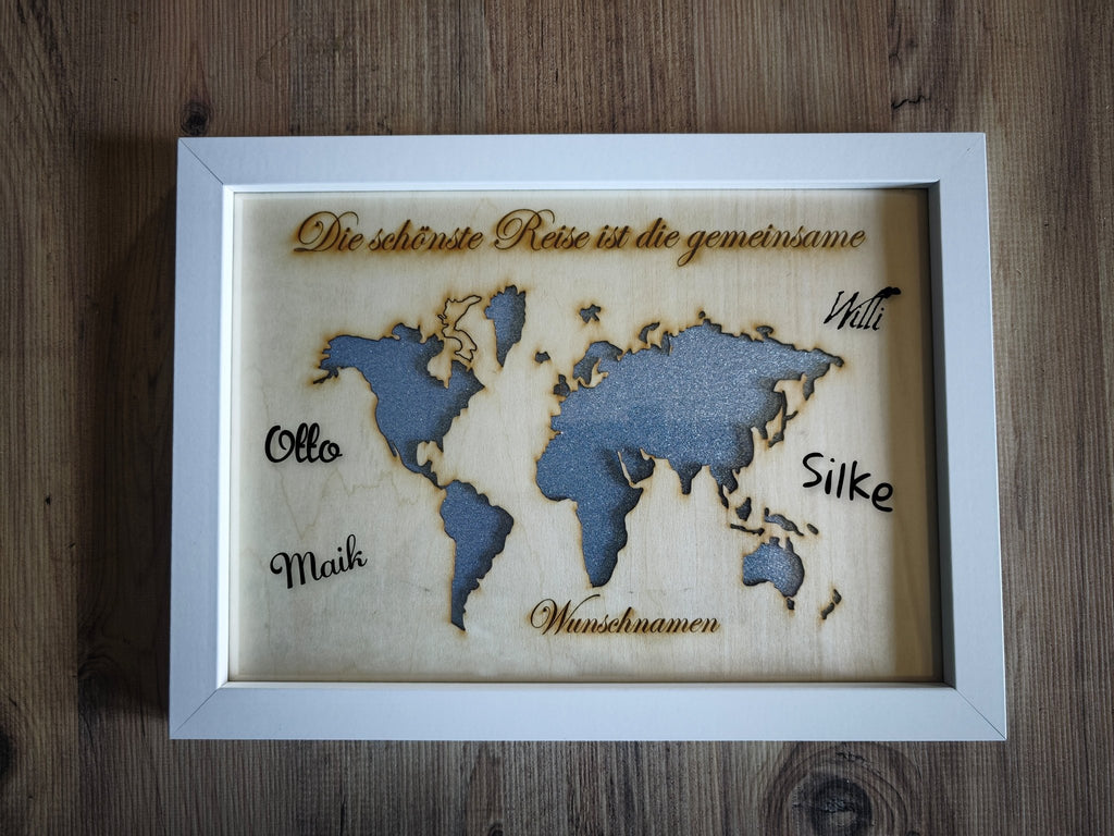 WELTKARTE auf Holz Graviert im Bilderrahmen das ideal Geschenk Reisen Hochzeiten - Kreativstuebchen