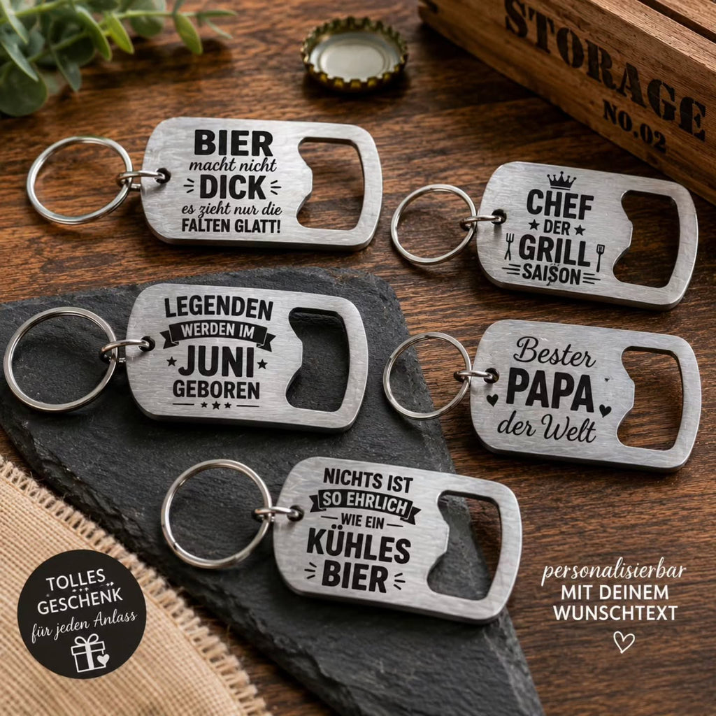 Flaschenöffner Metall mit Gravur und. Schlüsselanhänger - Kreativstuebchen