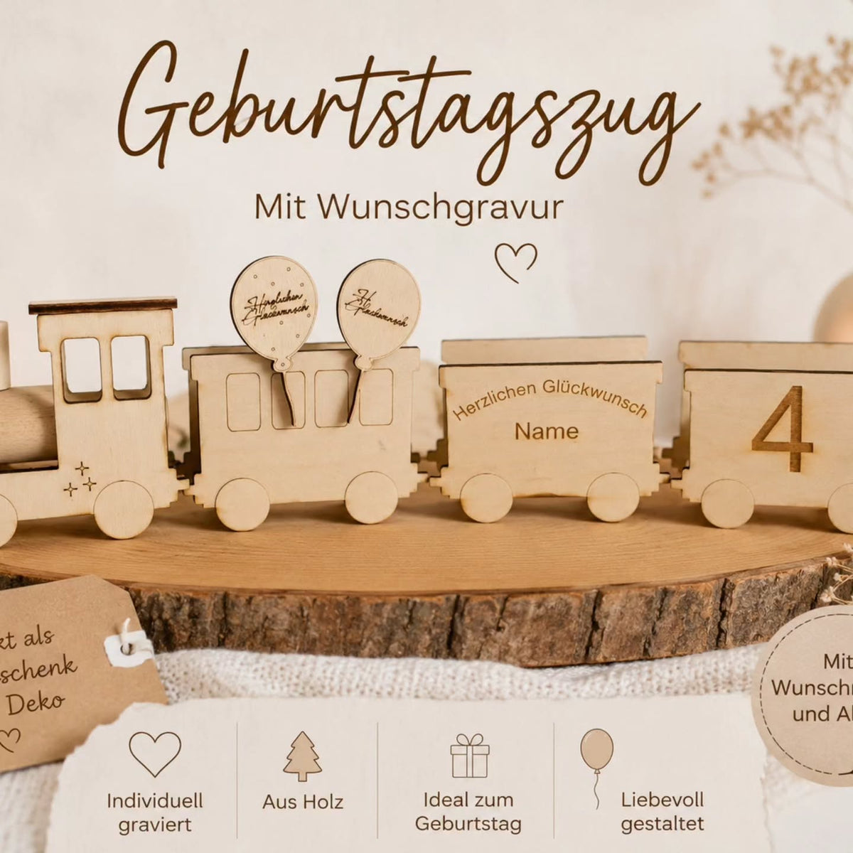 Holz Lokomotive mit Wagon Geurtstagszug - Kreativstuebchen