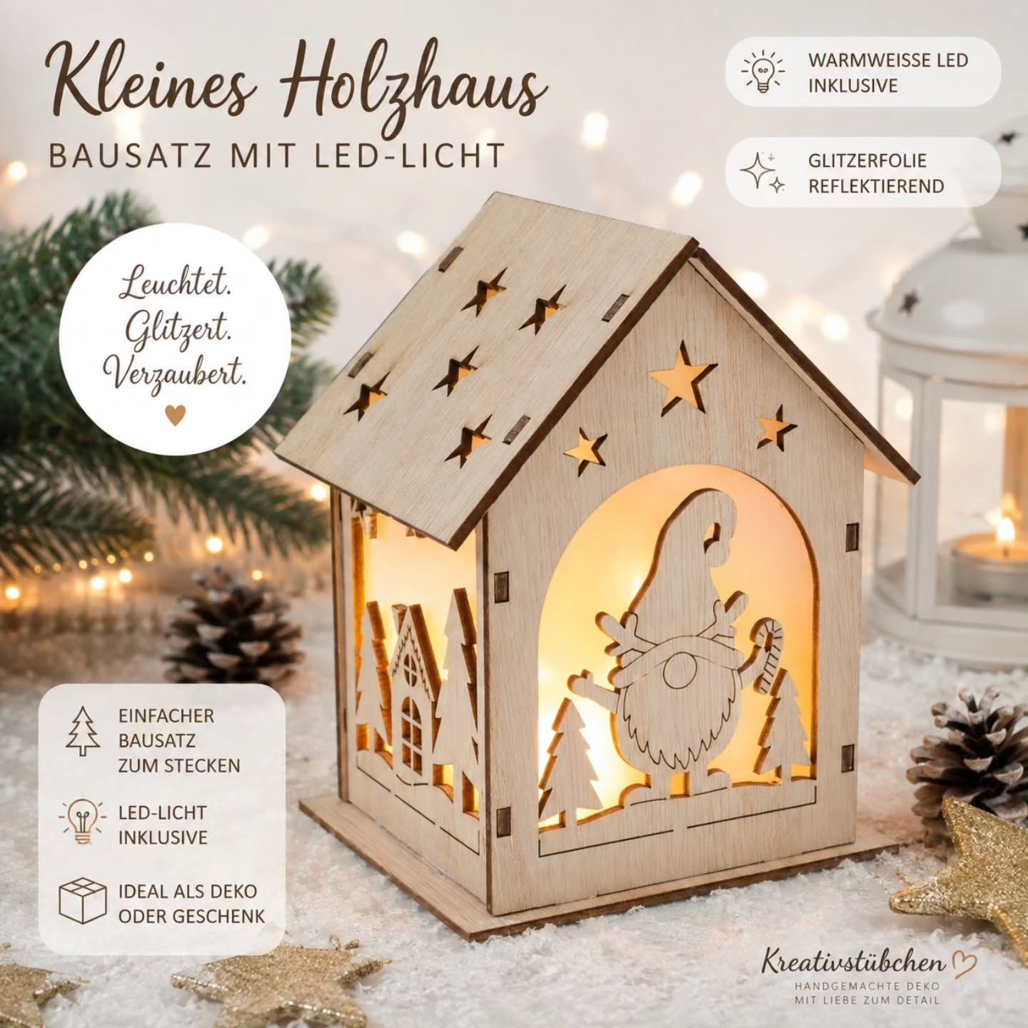 Holzhaus LED Deko Bausatz Beleuchtete Deko Winterdeko Weihnachtsdeko - Kreativstuebchen