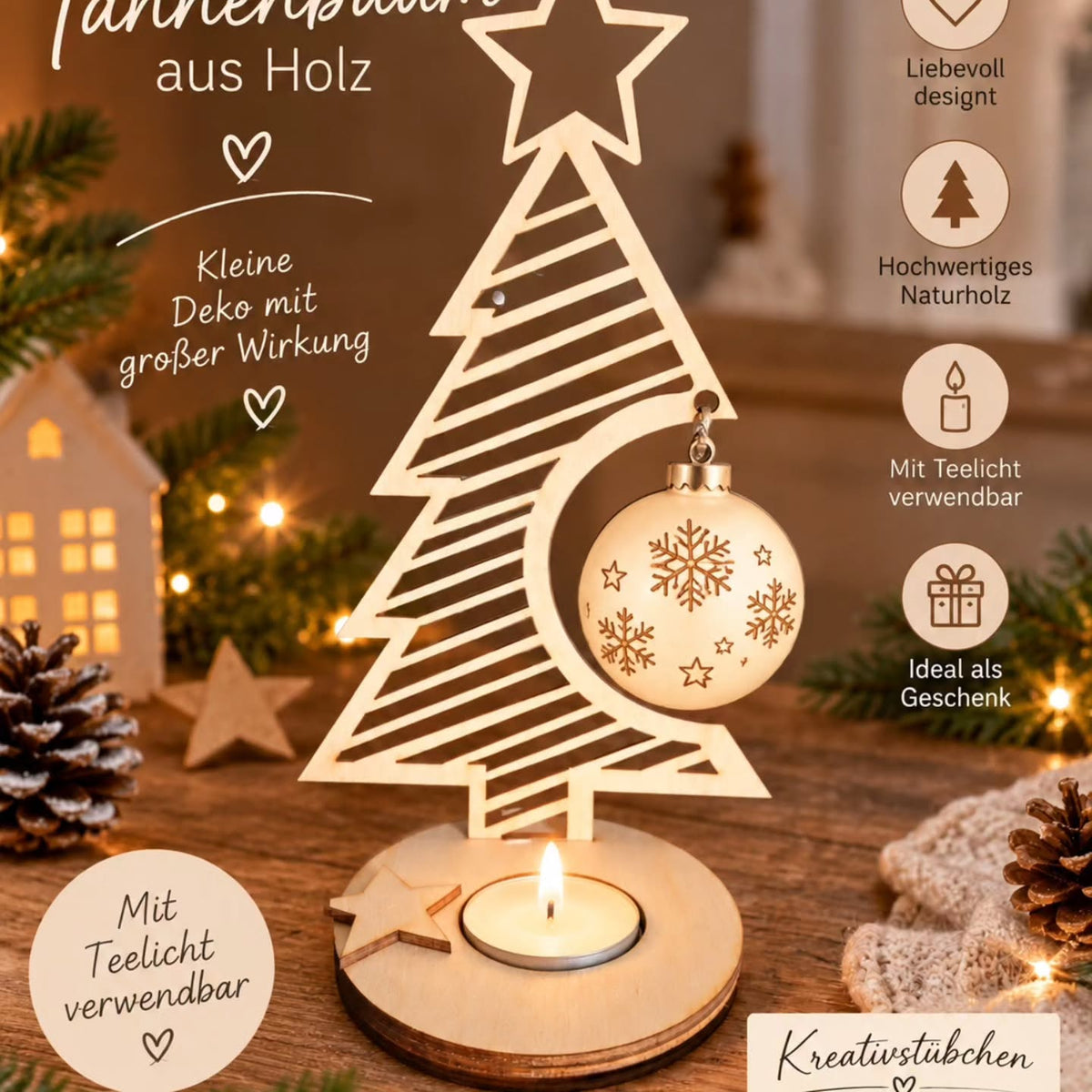 Weihnachtsdeko Aufsteller Tannenbaum mit Anhänger Spruch und LED Teelicht - Kreativstuebchen