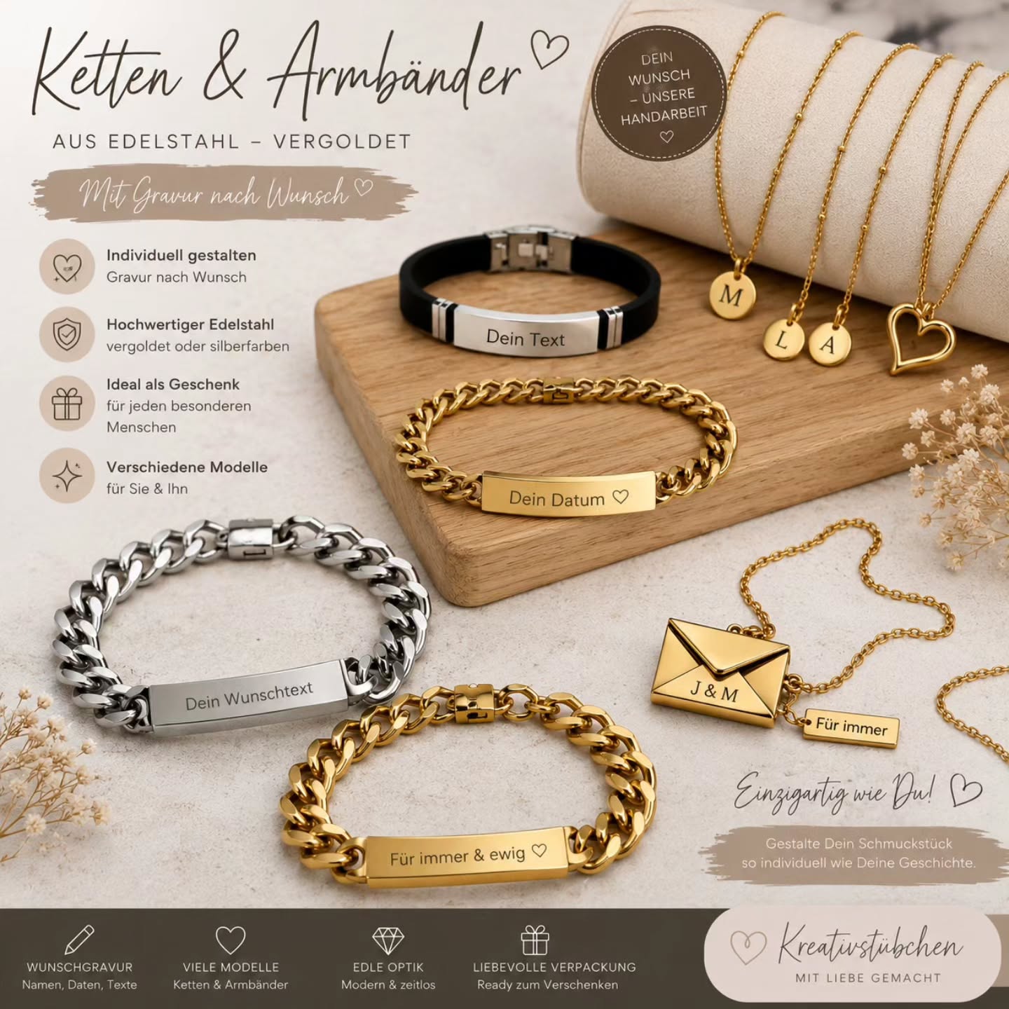 HALSKETTE mit WUNSCHTEXT, SCHNULLERKETTE, Armbänder, Namens ändern, Namenskette, Personalisierte ketten - Kreativstuebchen