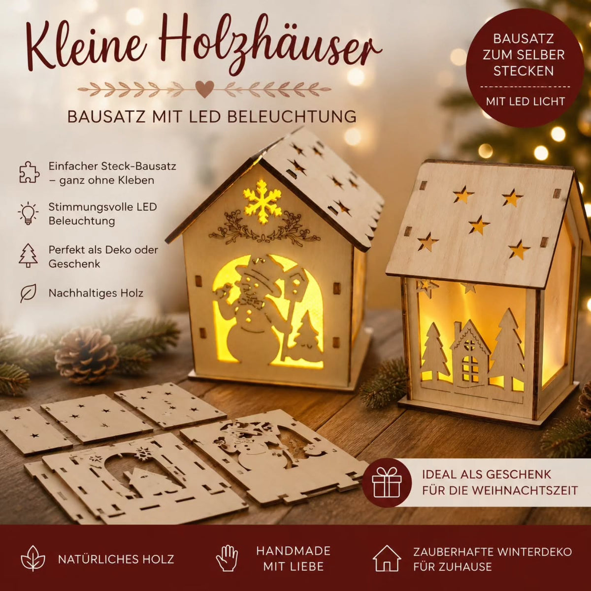 Holzhaus LED Deko Bausatz Beleuchtete Deko Winterdeko Weihnachtsdekoration Mini Haus - Kreativstuebchen