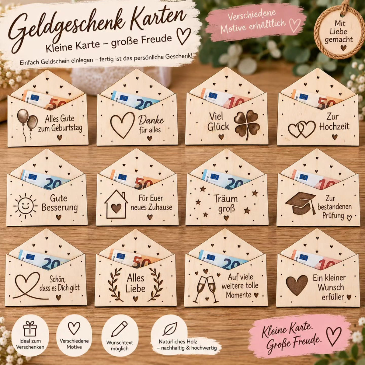 Geschenk Karten aus Holz Geldgeschenke Geburtstag, Danke, Viel Erfolg, Umschlag personalisiert, Viel Glück, Gutschein, Hochzeit uvm. - Kreativstuebchen