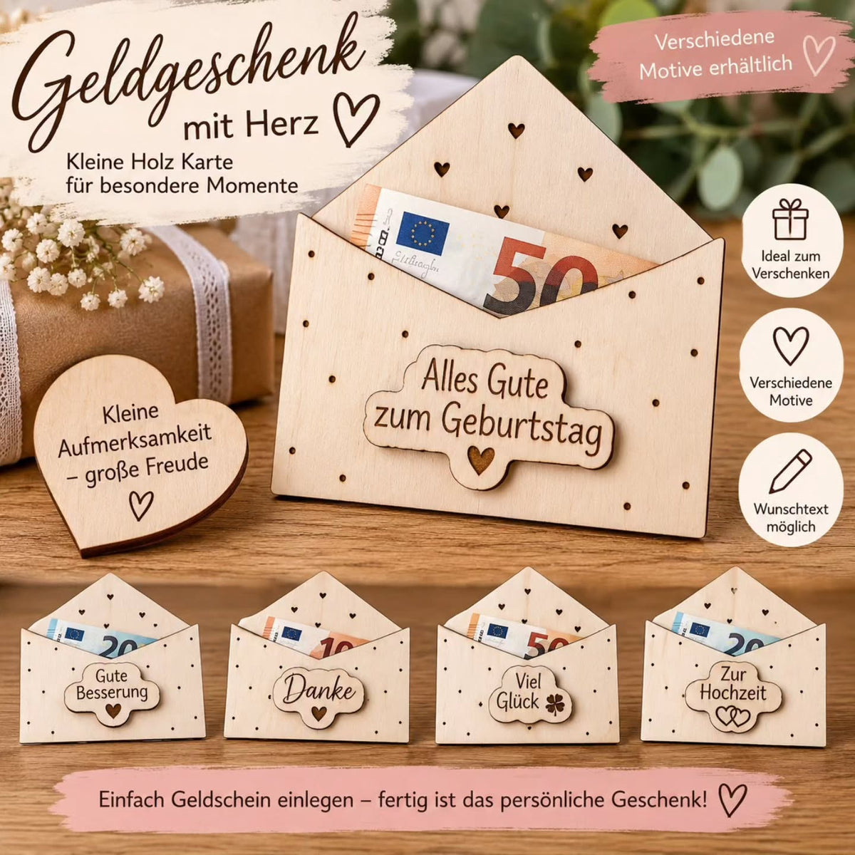 Geschenk Karten aus Holz Geldgeschenke Geburtstag, Danke, Viel Erfolg, Umschlag personalisiert, Viel Glück, Gutschein, Hochzeit uvm. - Kreativstuebchen