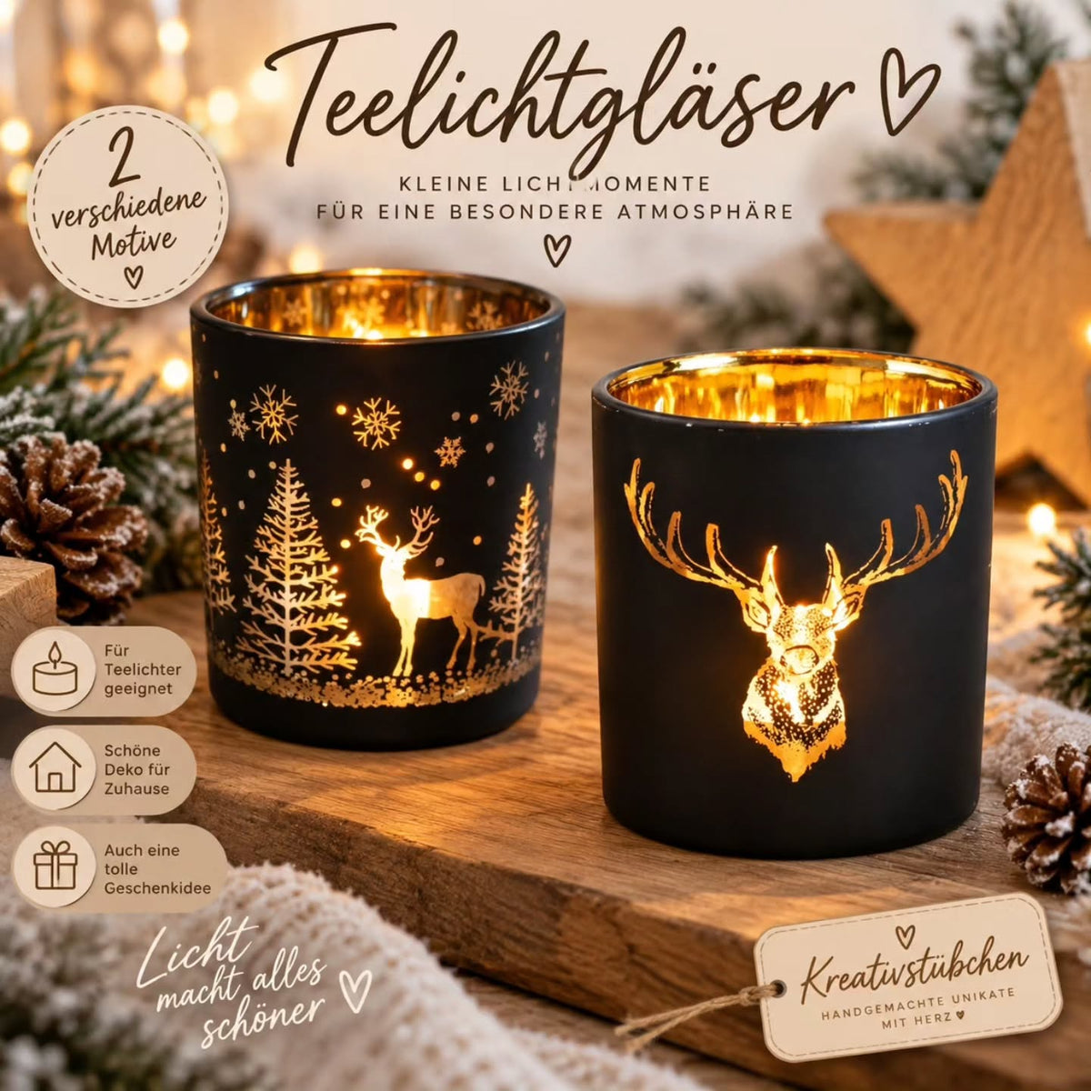 Windlicht, Teelicht, Motiv, Weihnachtsdeko Weihnachtsschmuck Tischdeko - Kreativstuebchen