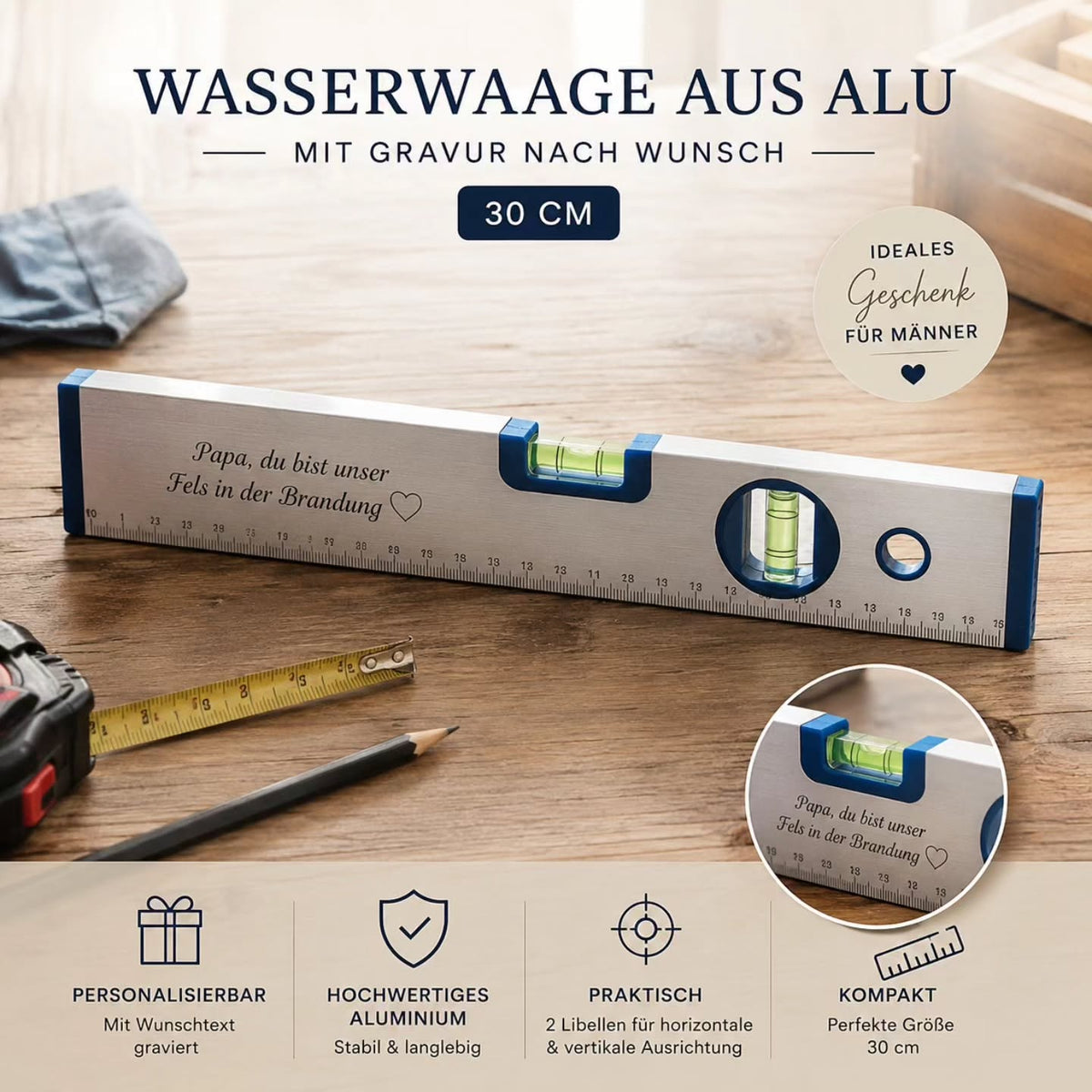 Wasserwaage aus Holz mit Flaschenöffner und Spruch oder Logo eingraviert - Kreativstuebchen