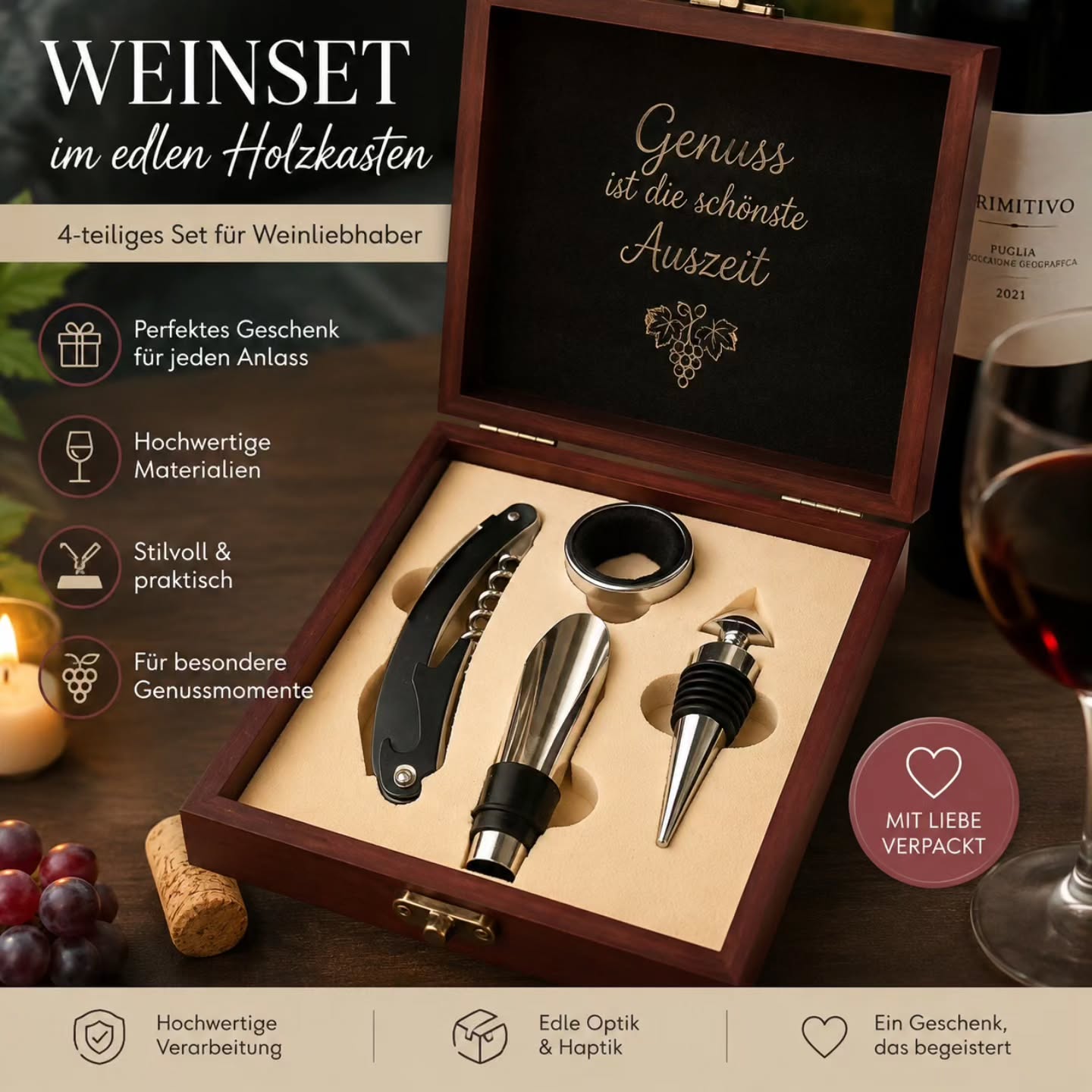 Weinöffner Set in Edler Holzbox mit Gravur nach Wunsch - Kreativstuebchen