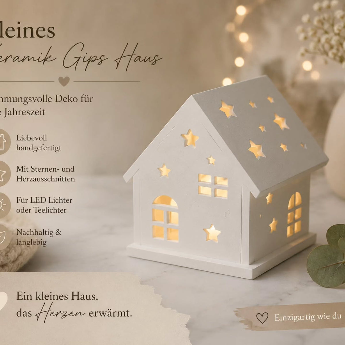 Mini Haus mit LED, Beleuchtetes Haus, Mini Haus, Dekohaus, Fensterbank Deko, Tischdeko, Keramikgips - Kreativstuebchen