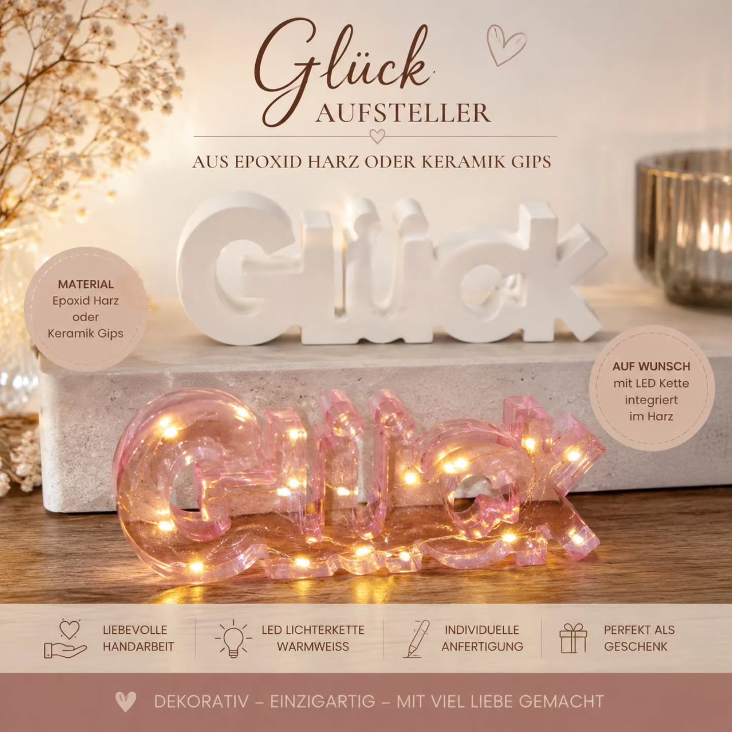 Gips Deko, Aufsteller, Glück, Tischaufsteller Glück, Schriftzug Glück - Kreativstuebchen