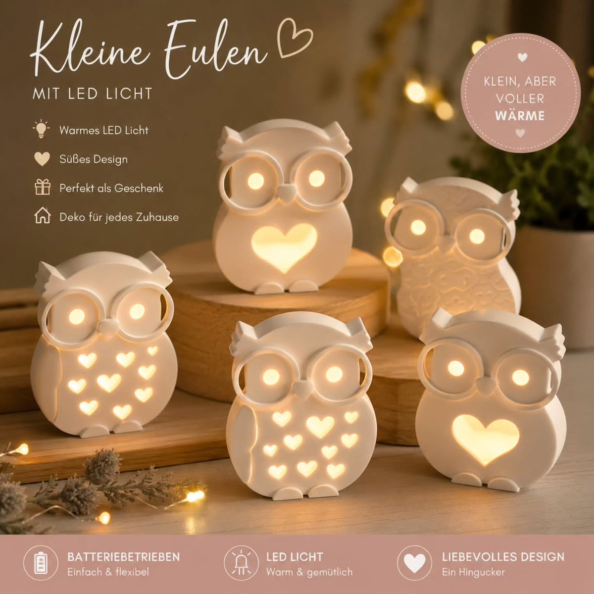 Eule aus Keramik Gips mit Mini LED verschiedene Motive zum Wechseln Deko aus Gips LED Deko Eulenmotiv - Kreativstuebchen