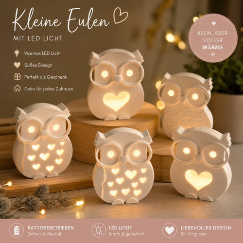 Eule aus Keramik Gips mit Mini LED verschiedene Motive zum Wechseln Deko aus Gips LED Deko Eulenmotiv - Kreativstuebchen