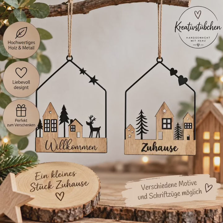 Fensterring oder TÜRKRANZ zum Hängen mit  Hausmotiv, Zuhause, Willkommen, aus Metall, Holz