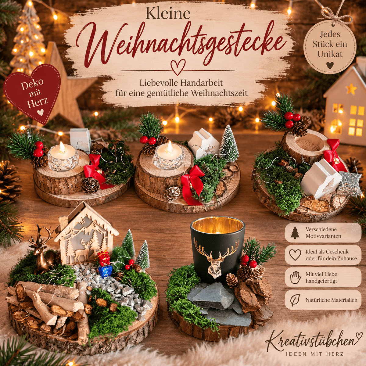 Weihnachtsdeko, Tischdeko, Gestecke, kleine Mitbringsel, Handgemachtes, Weihnachtliche Baumscheibe, Dekorite Baumscheibe, Teelichthalter, - Kreativstuebchen