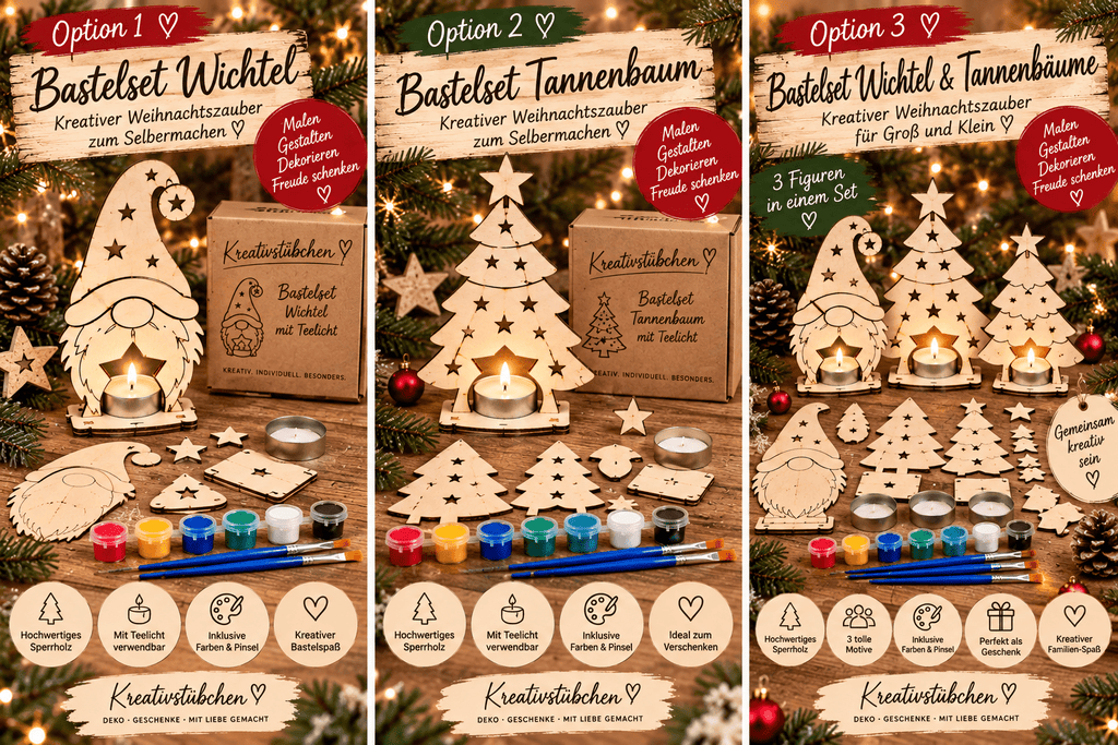Weihnachts Bastelset für Kinder ab 4 Jahren | Malset aus Sperrholz | Wichtel & Tannenbaum | Acrylfarben & Pinsel | Kreativset Weihnachten - Kreativstuebchen