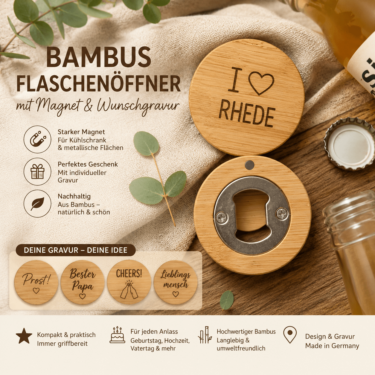 Verschiedene Flaschenöffner mit personalisierter Gravur, Holzflaschenöffner, Geschenke,Werbematerial - Kreativstuebchen
