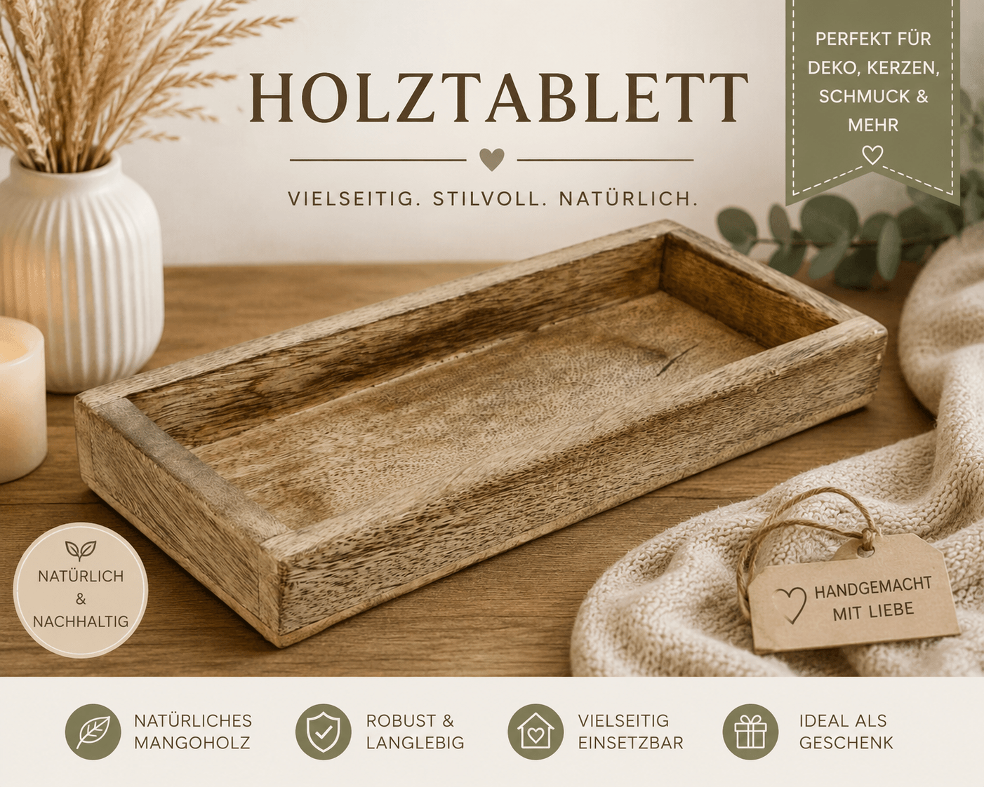 Tablett, Tablett Holz 40x20cm mit Metallgriff Natur. Tablett Holz 30x15cm mit Metallgriff Natur. - Kreativstuebchen