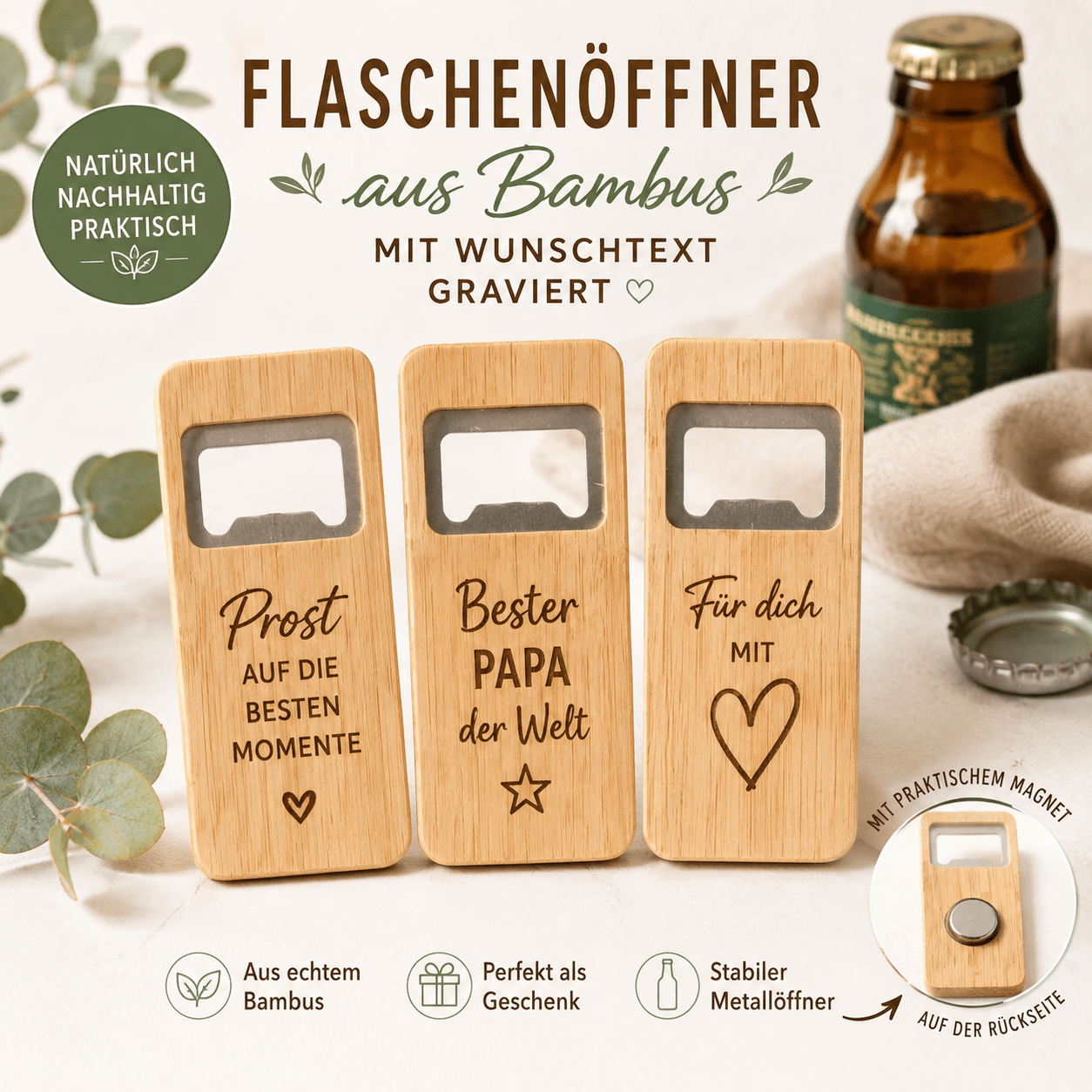 Verschiedene Flaschenöffner mit personalisierter Gravur, Holzflaschenöffner, Geschenke,Werbematerial - Kreativstuebchen