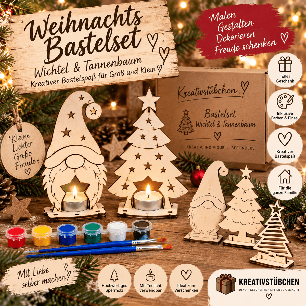 Weihnachts Bastelset für Kinder ab 4 Jahren | Malset aus Sperrholz | Wichtel & Tannenbaum | Acrylfarben & Pinsel | Kreativset Weihnachten - Kreativstuebchen