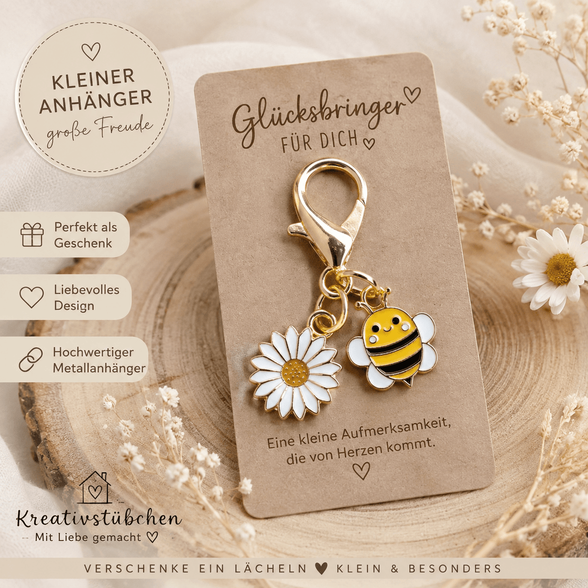 Biene Maiblume Charm Anhänger mit Karte - Kreativstuebchen