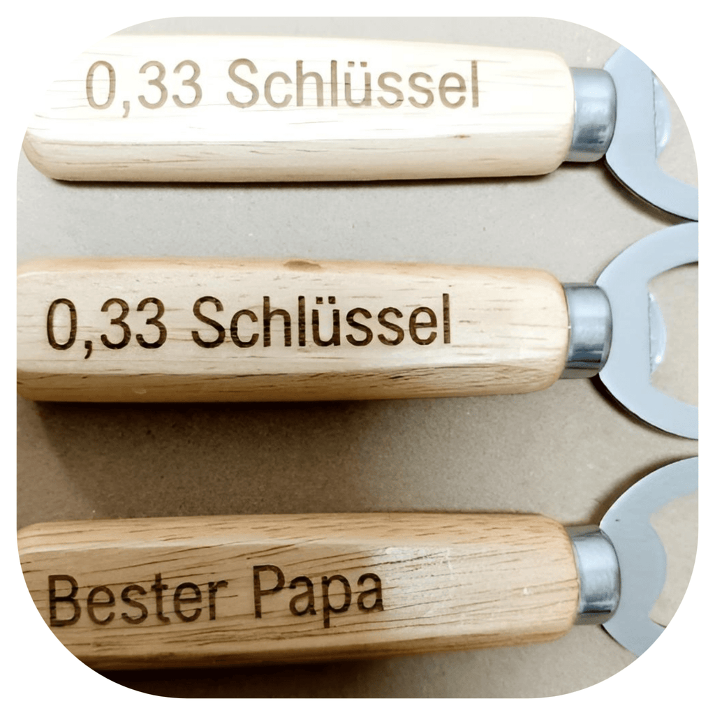 Verschiedene Flaschenöffner mit personalisierter Gravur, Holzflaschenöffner, Geschenke, Werbematerial, Werbemittel, Logo