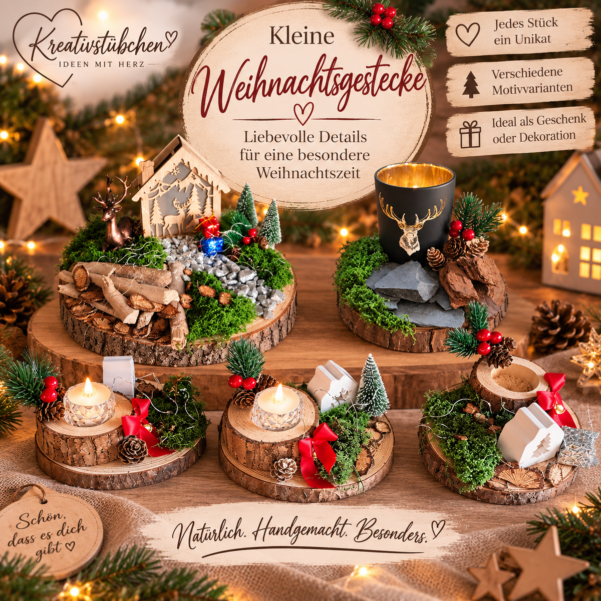 Weihnachtsdeko, Tischdeko, Gestecke, kleine Mitbringsel, Handgemachtes, Weihnachtliche Baumscheibe, Dekorite Baumscheibe, Teelichthalter, - Kreativstuebchen