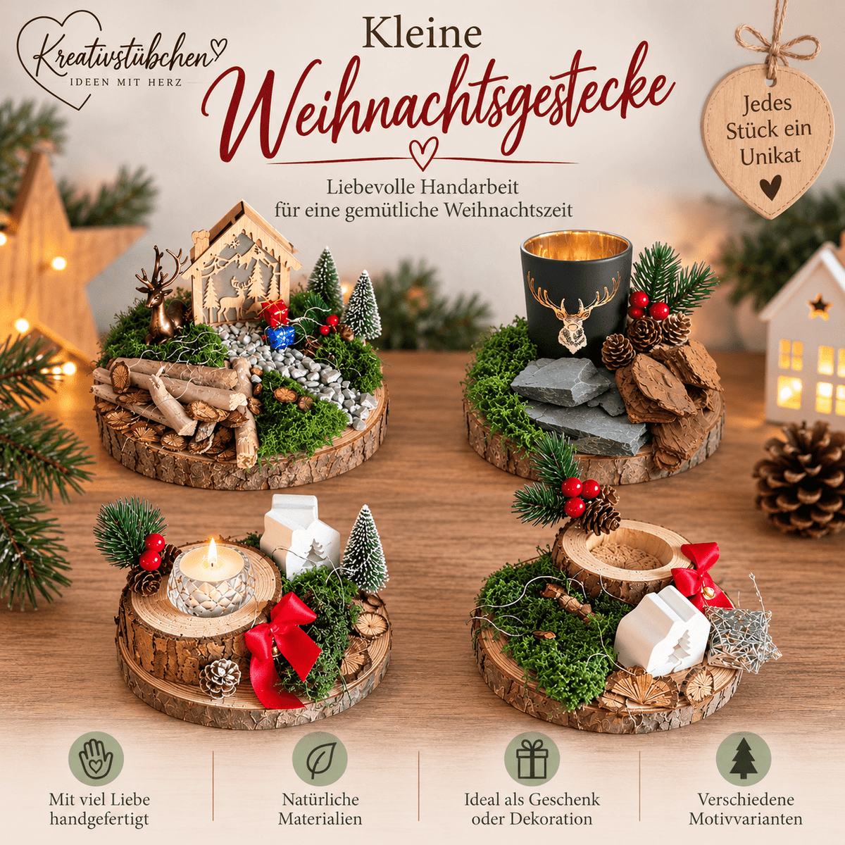 Weihnachtsdeko, Tischdeko, Gestecke, kleine Mitbringsel, Handgemachtes, Weihnachtliche Baumscheibe, Dekorite Baumscheibe, Teelichthalter, - Kreativstuebchen