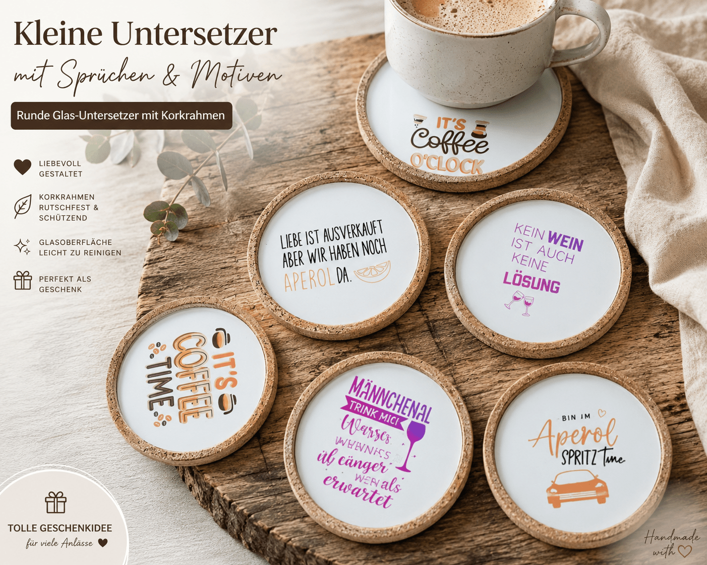 Individuelle Untersetzer Rund aus Holz, Kork, Schiefer personalisierbar - Kreativstuebchen