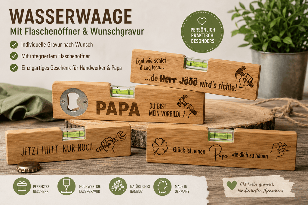 Wasserwaage aus Holz mit Flaschenöffner und Spruch oder Logo eingraviert - Kreativstuebchen