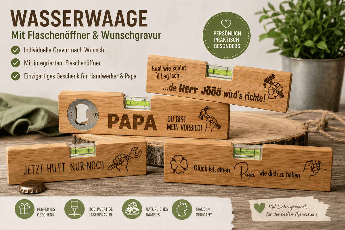 Wasserwaage aus Holz mit Flaschenöffner und Spruch oder Logo eingraviert - Kreativstuebchen