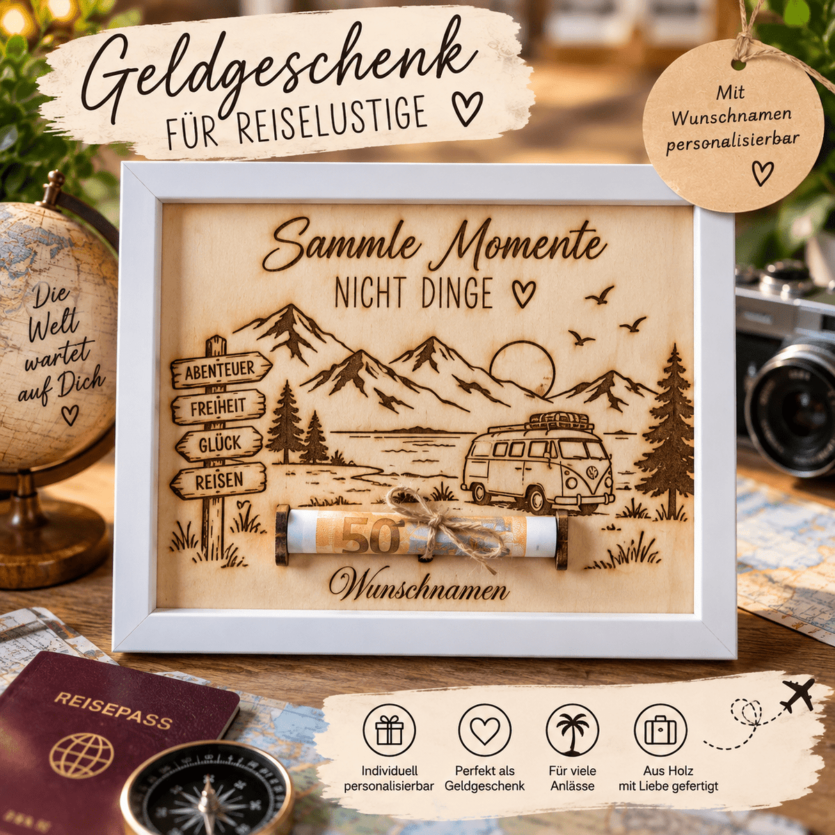 WELTKARTE auf Holz Graviert im Bilderrahmen das ideal Geschenk Reisen Hochzeiten Jubiläum Einzug - Kreativstuebchen