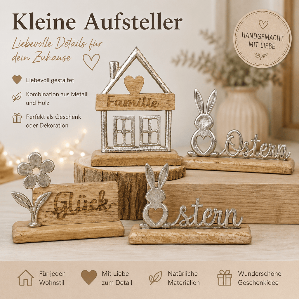 Aufsteller Ostern, Holz, Metall Schrift, Holzsockel mit Metallschrift - Kreativstuebchen